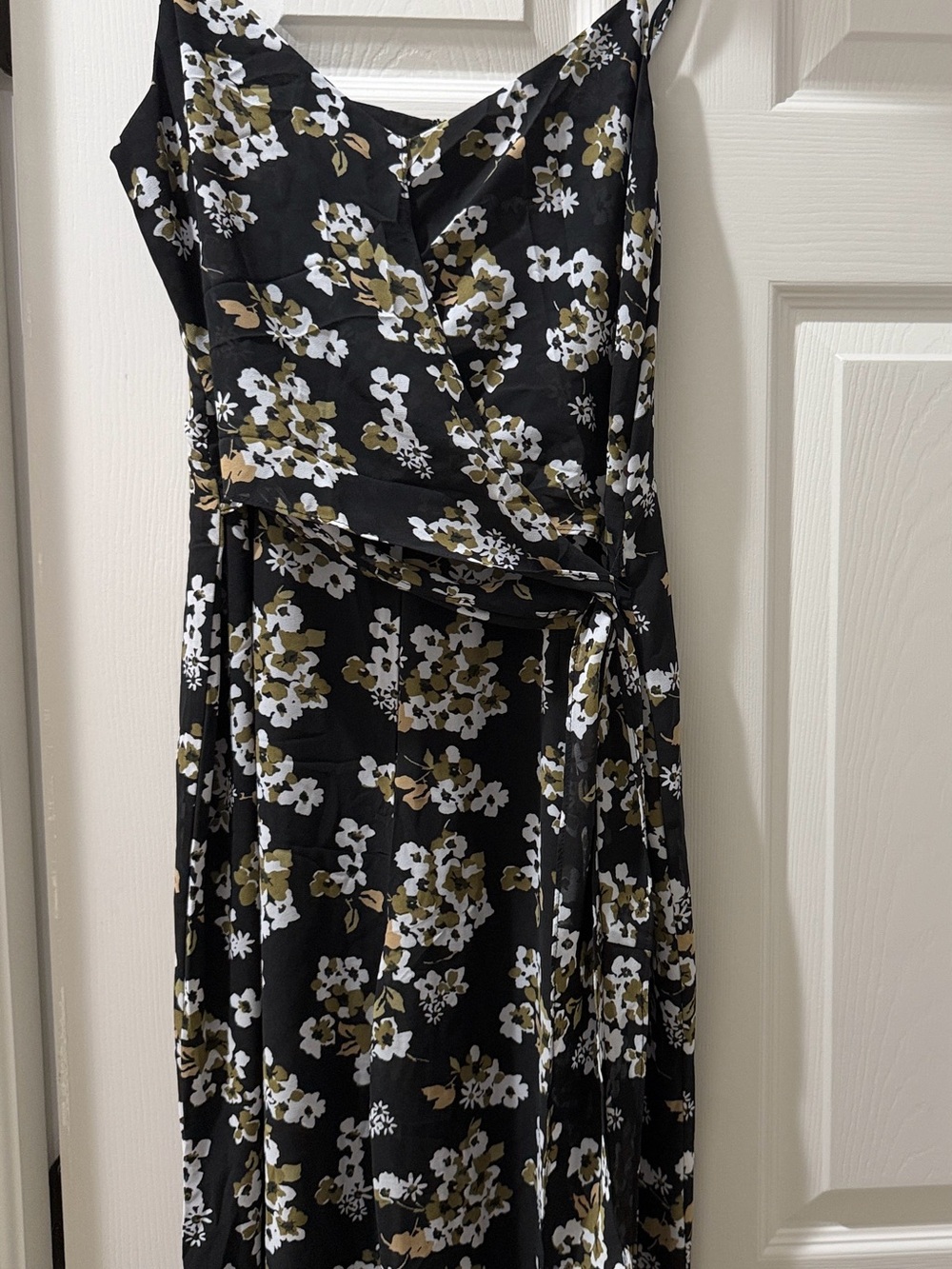 Michael Kors Black Floral Wrap Jumpsuit with Olive and White Print